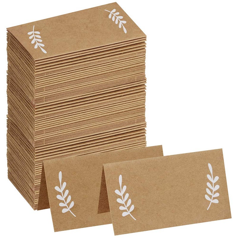 Supla 100 Pcs Place Cards with White Laurel Leaves Kraft Paper Cards Rustic Wedding Table Name Number Blank Table Tent Cards Table Name Tags Table Card Seating Cards Buffet Table Cards - Image 1